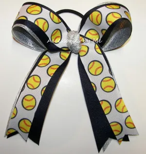 Sparkly Softball Navy Silver Ponytail Bow