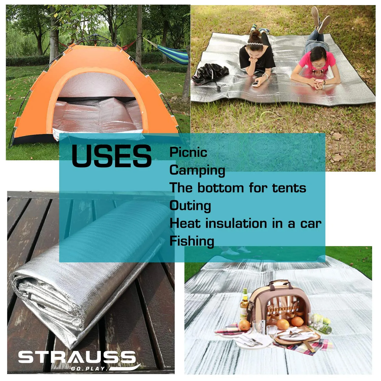 Strauss Camping Tent Mat | Double-Sided Moisture-Proof Aluminum Foil Foam Pad | Waterproof and Insulating Foil Mat | Picnic Mat | Camping Mat for Beach, Tent and Camping (6 Person)