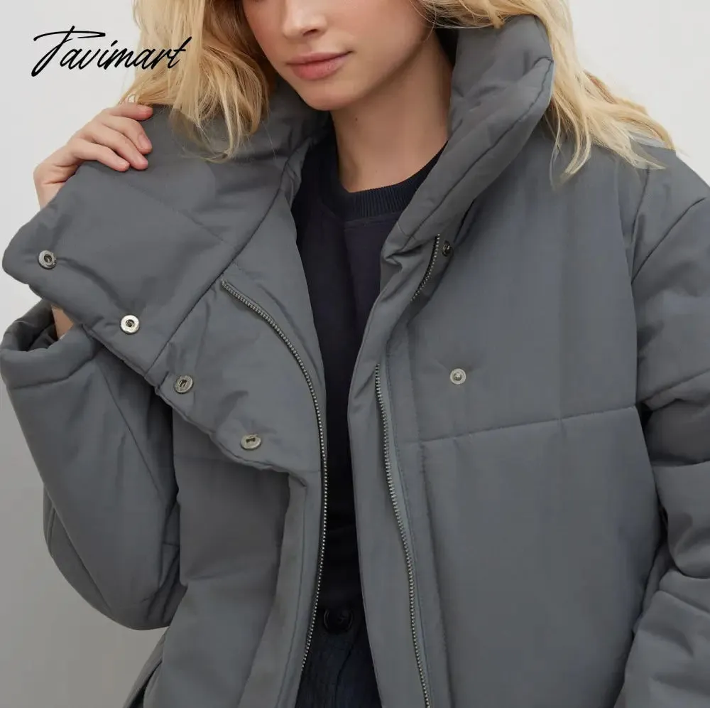 Tavimart  Casual Collar Cotton-padded Parkas Women Fashion Tie Belt Solid Black Coats Women Elegant Zip Up Cotton Jackets Female Ladies