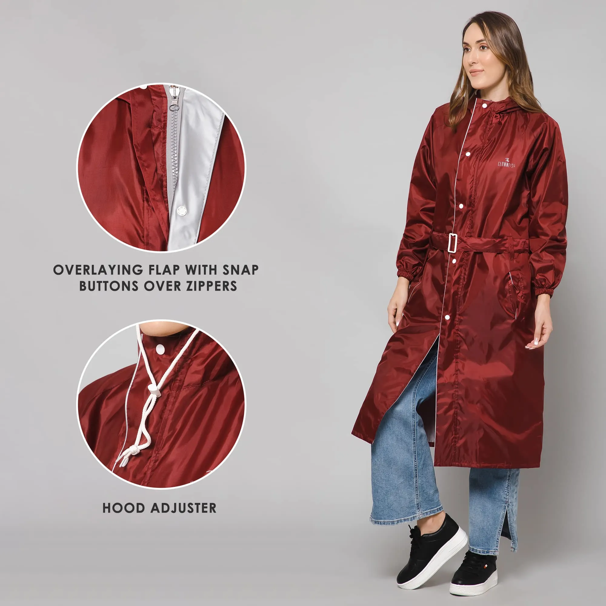 The Clownfish by STRAUSS Polyester Raincoats for Women Raincoat for Ladies Waterproof Reversible Double Layer. Drizzle Diva Series (Maroon, Large)