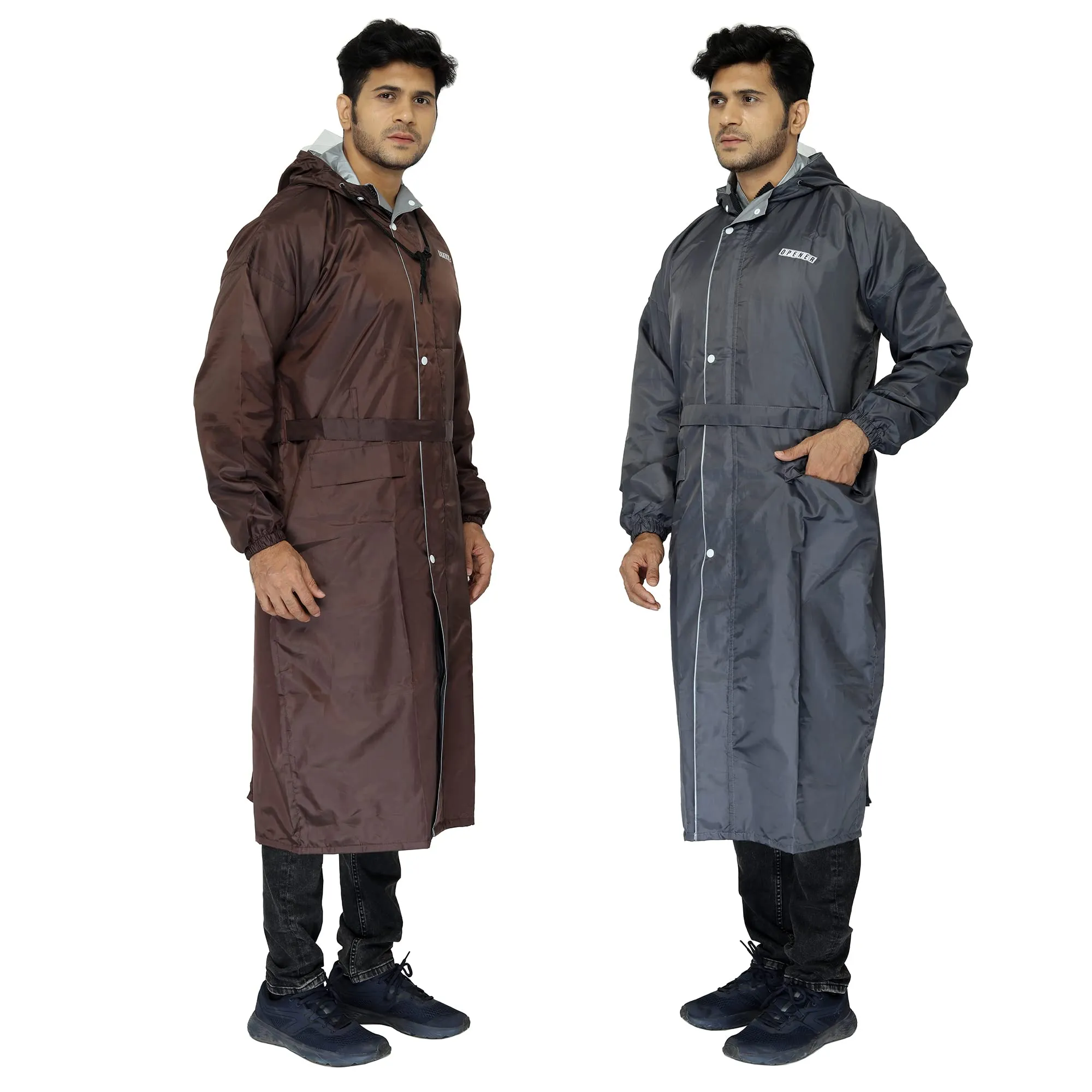 THE CLOWNFISH Combo Of 2 Reversible Use Unisex Waterproof Long Coats Raincoats for Men and Women with Adjustable Hood and Reflector at Back with Storage Bag Opener Series (Grey, Brown -Free Size)