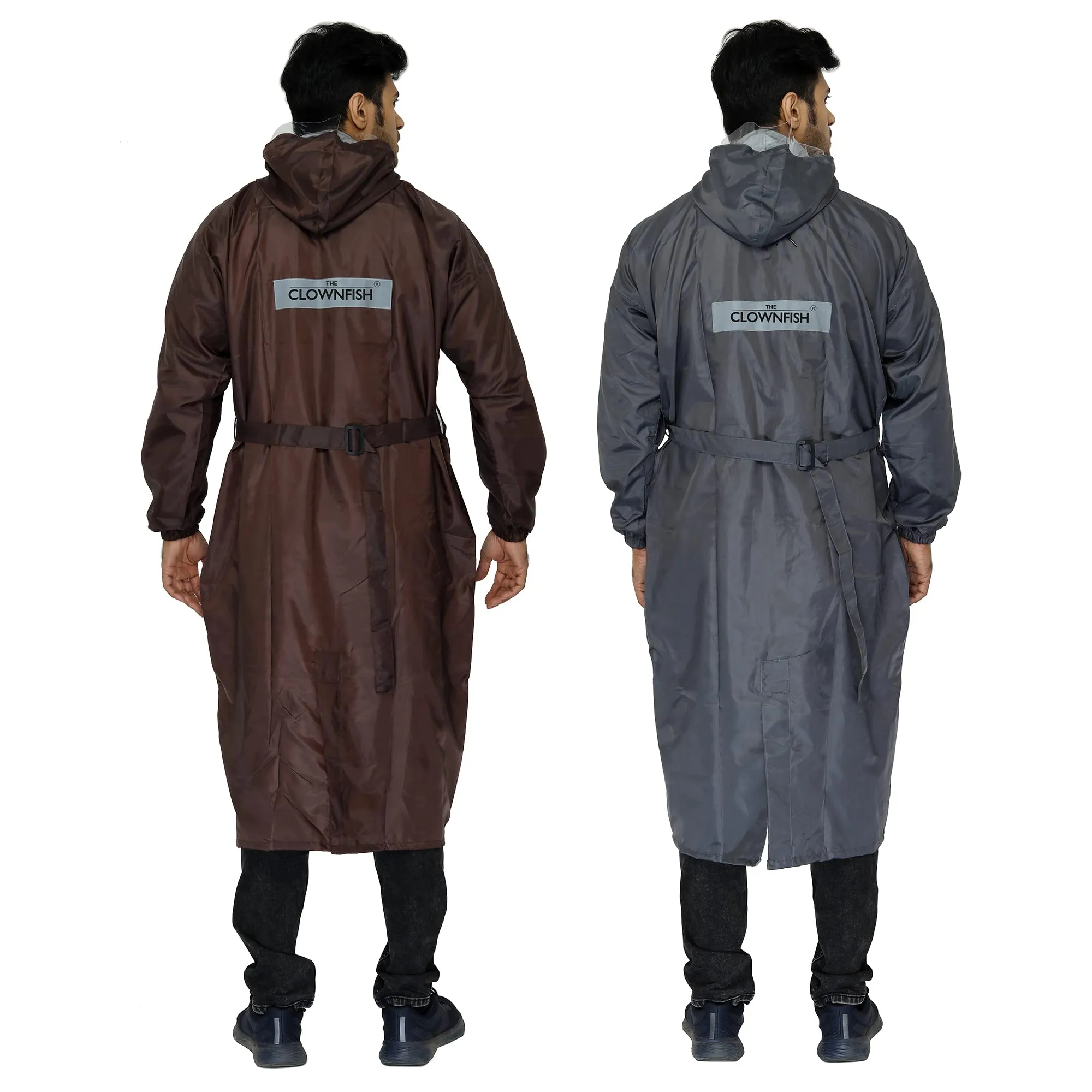 THE CLOWNFISH Combo Of 2 Reversible Use Unisex Waterproof Long Coats Raincoats for Men and Women with Adjustable Hood and Reflector at Back with Storage Bag Opener Series (Grey, Brown -Free Size)