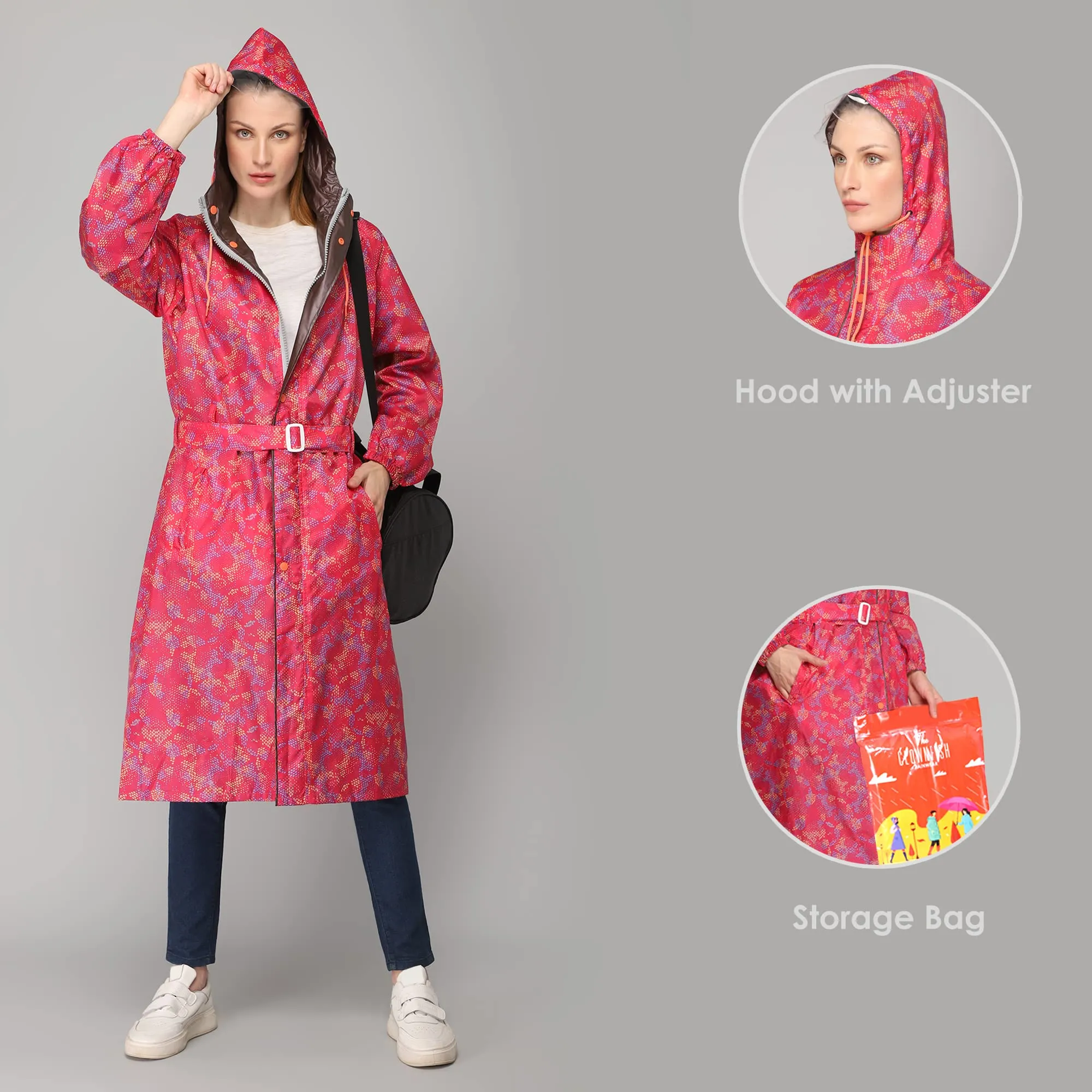 THE CLOWNFISH Juliet Series Raincoats for Women Rain Coat for Women Raincoat for Ladies Waterproof Reversible Double Layer Longcoat with Printed Plastic Pouch (Pink, XXL)