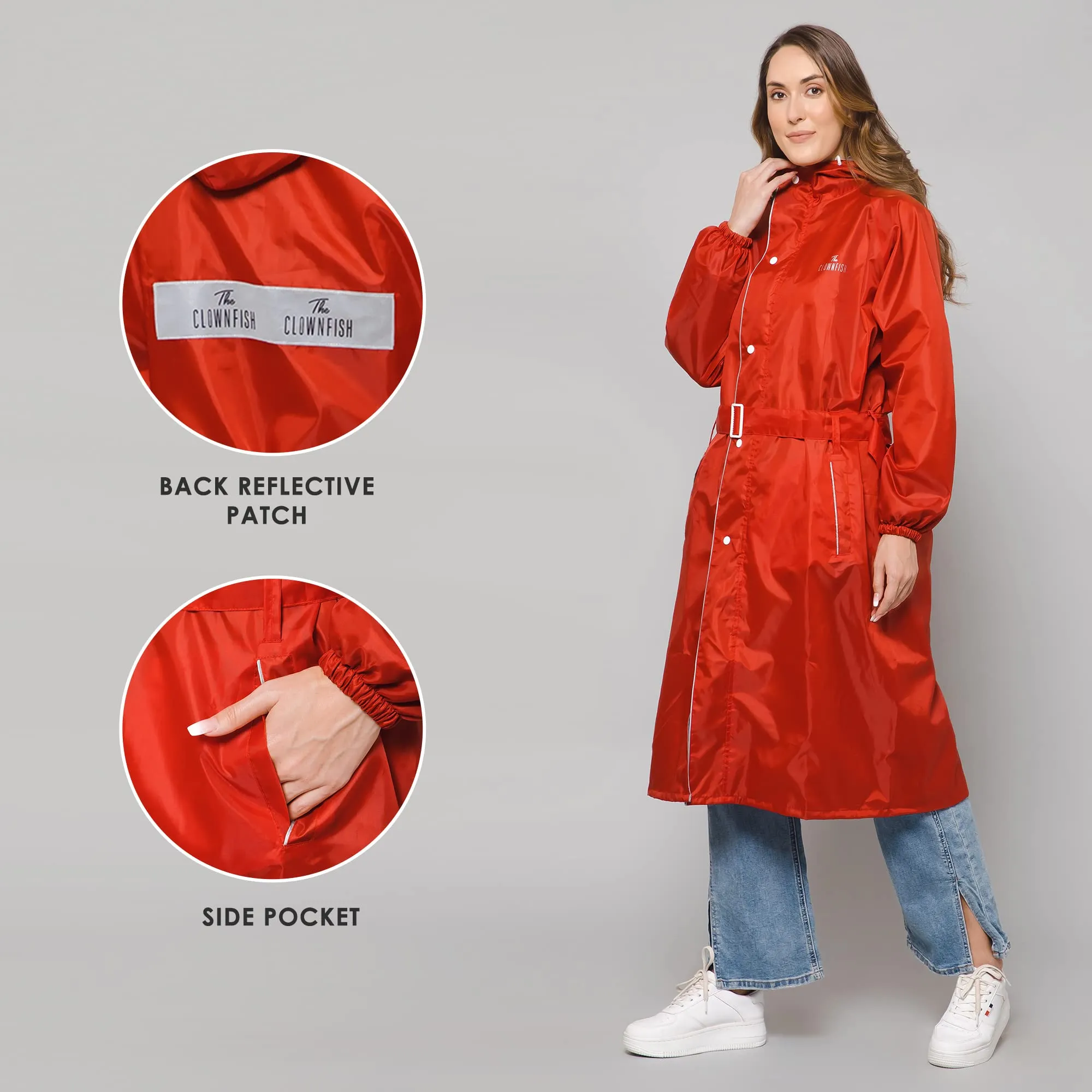 THE CLOWNFISH Polyester Long Length Raincoats For Women Rain Coat For Women Raincoat For Ladies Waterproof Reversible Double Layer. Drizzle Diva Series (Red, Xxx-Large)