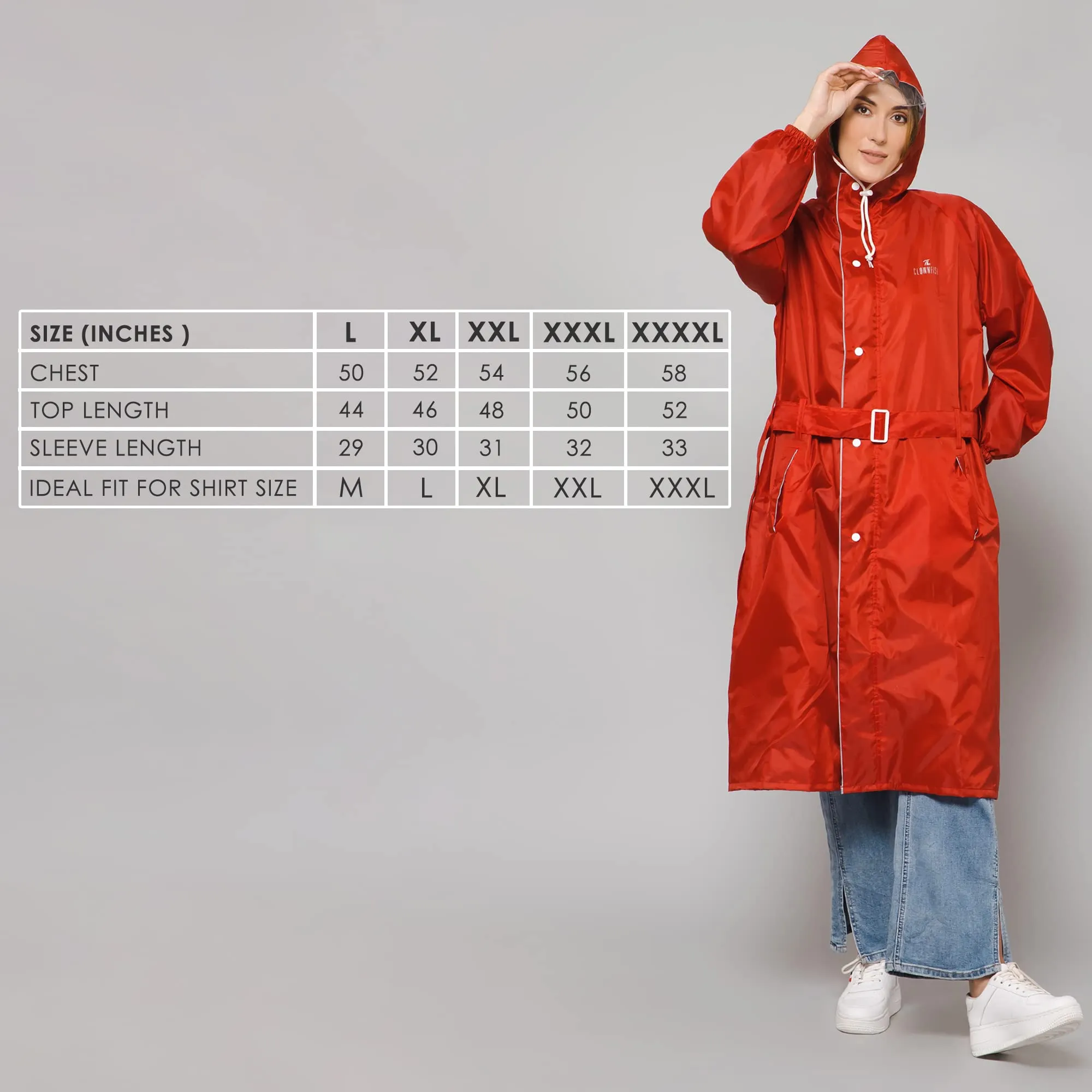 THE CLOWNFISH Polyester Long Length Raincoats For Women Rain Coat For Women Raincoat For Ladies Waterproof Reversible Double Layer. Drizzle Diva Series (Red, Xxx-Large)