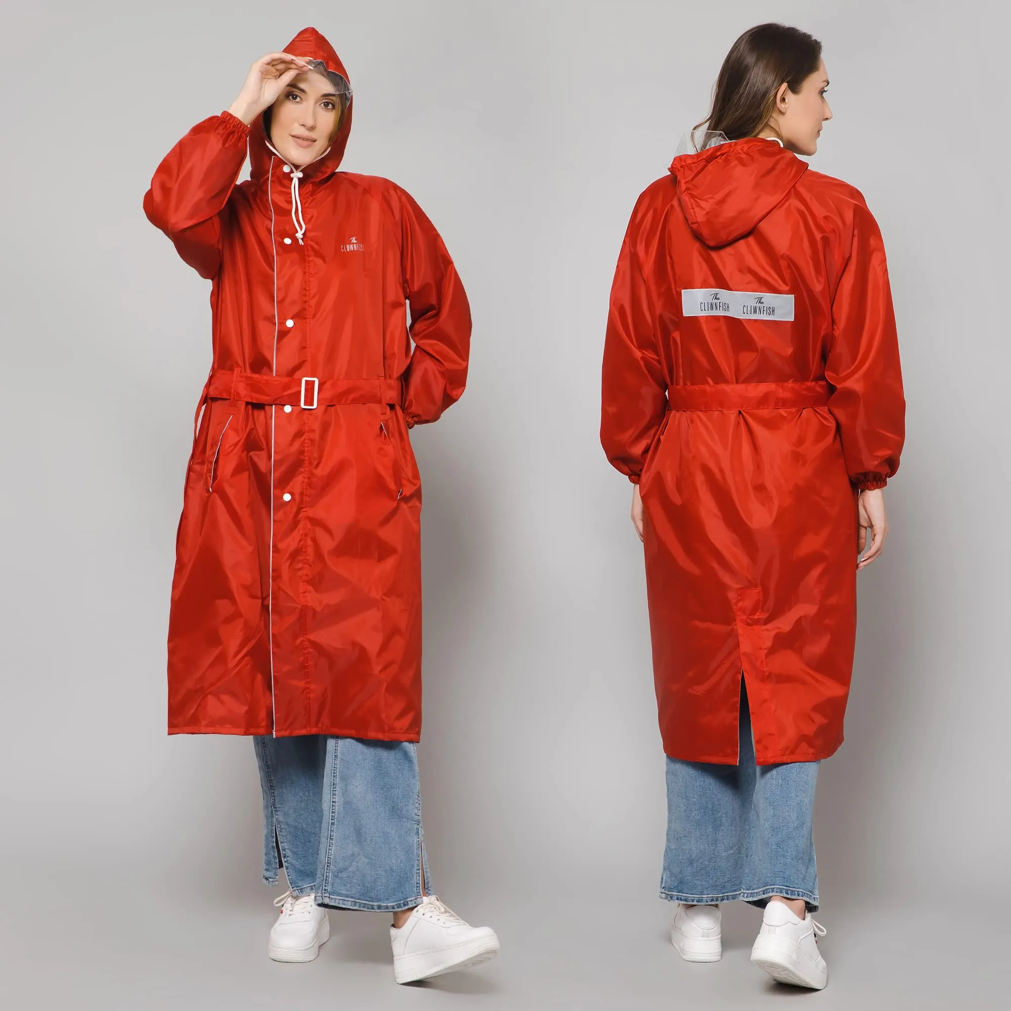 THE CLOWNFISH Polyester Long Length Raincoats For Women Rain Coat For Women Raincoat For Ladies Waterproof Reversible Double Layer. Drizzle Diva Series (Red, Xxx-Large)