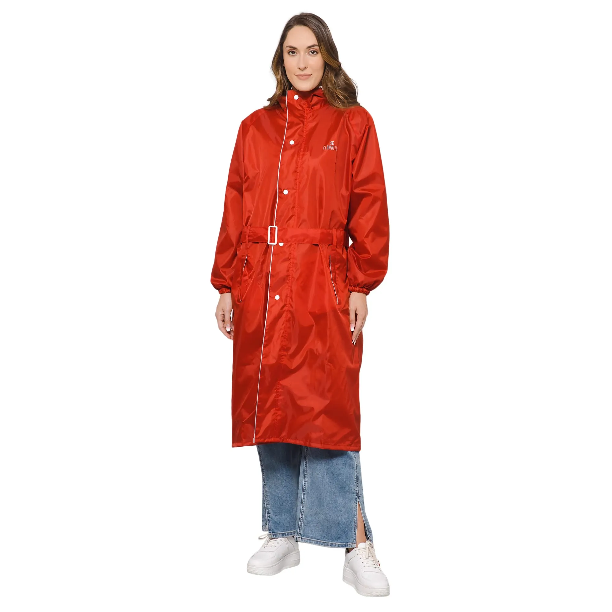 THE CLOWNFISH Polyester Long Length Raincoats For Women Rain Coat For Women Raincoat For Ladies Waterproof Reversible Double Layer. Drizzle Diva Series (Red, Xxx-Large)