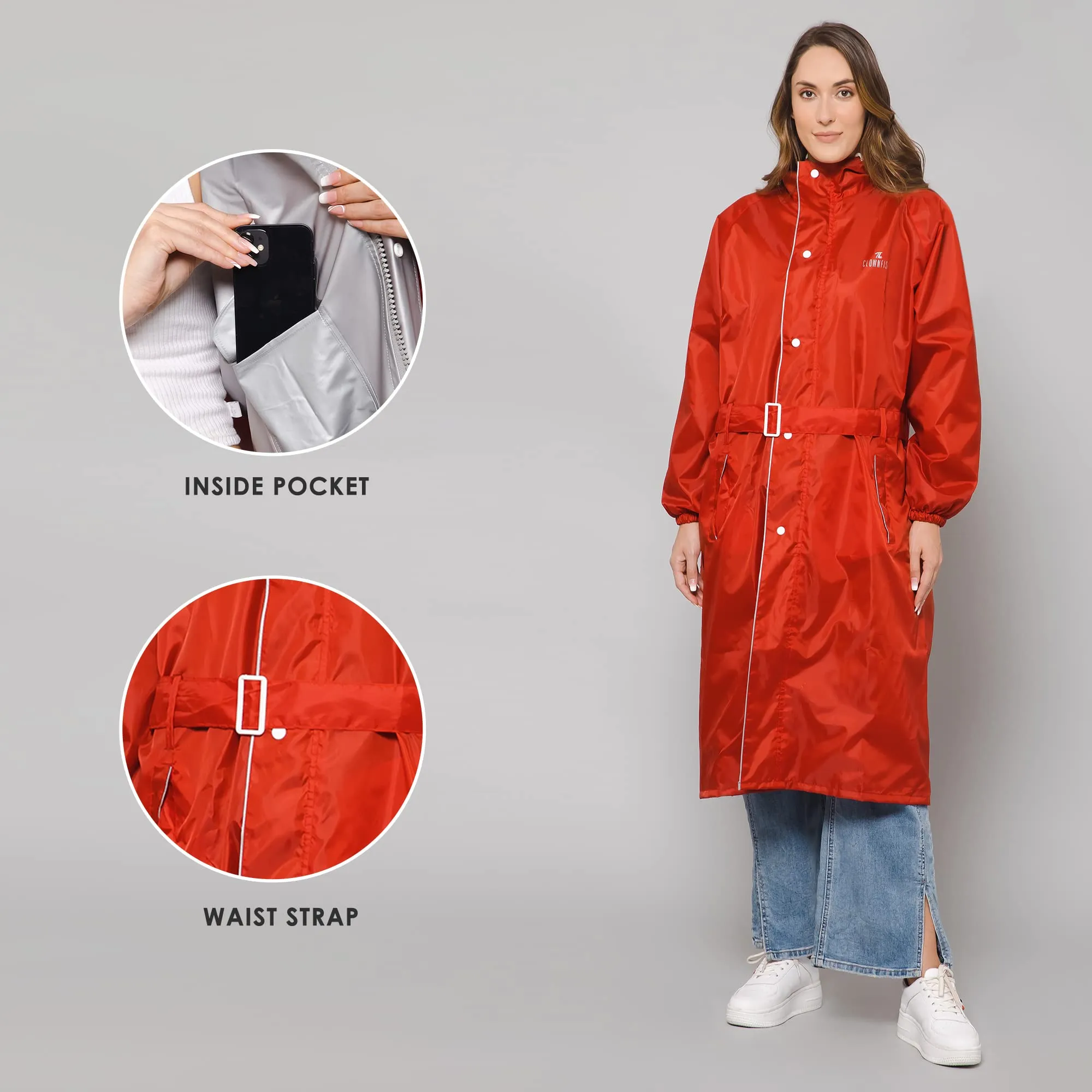 THE CLOWNFISH Polyester Long Length Raincoats For Women Rain Coat For Women Raincoat For Ladies Waterproof Reversible Double Layer. Drizzle Diva Series (Red, Xxx-Large)