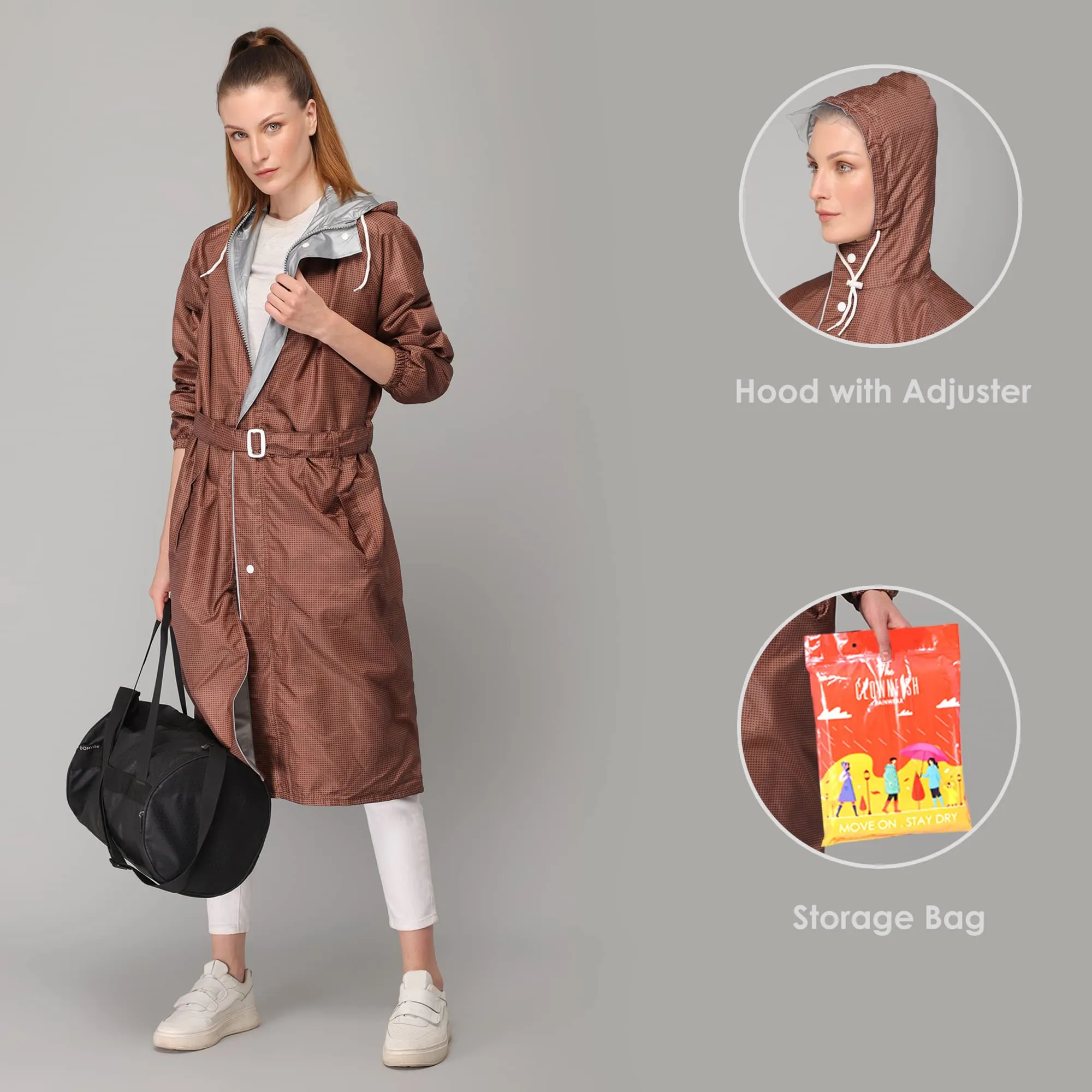 THE CLOWNFISH Polyester Long Length Raincoats For Women Waterproof Reversible Double Layer. Brilliant Pro Series (Brown, 2XL)