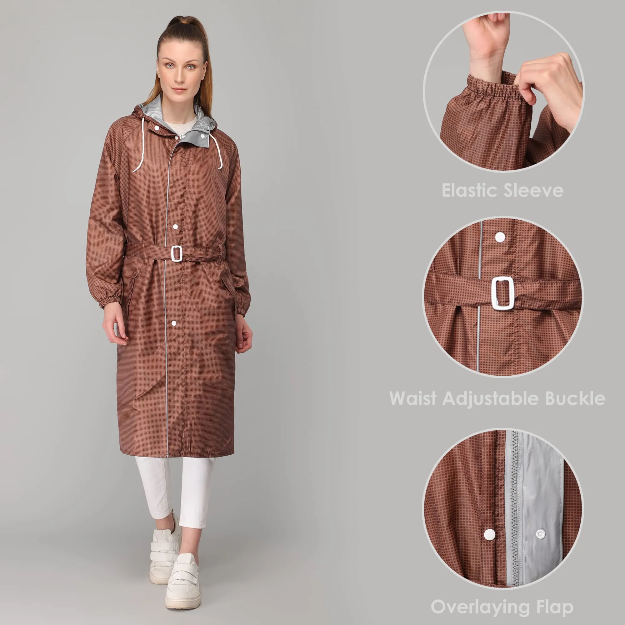 THE CLOWNFISH Polyester Long Length Raincoats For Women Waterproof Reversible Double Layer. Brilliant Pro Series (Brown, 2XL)