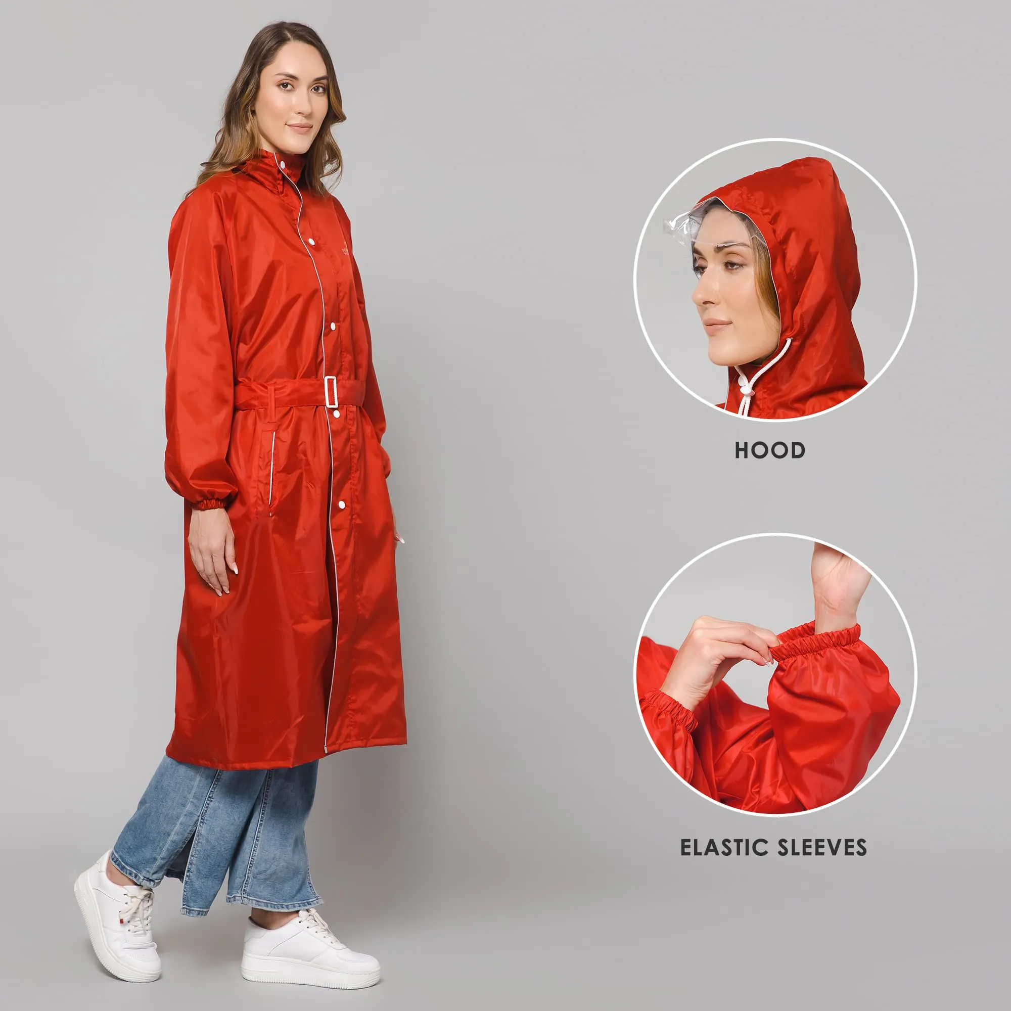 THE CLOWNFISH Polyester Raincoats For Women Rain Coat For Women Raincoat For Ladies Waterproof Reversible Double Layer. Drizzle Diva Series (Red, X-Large)