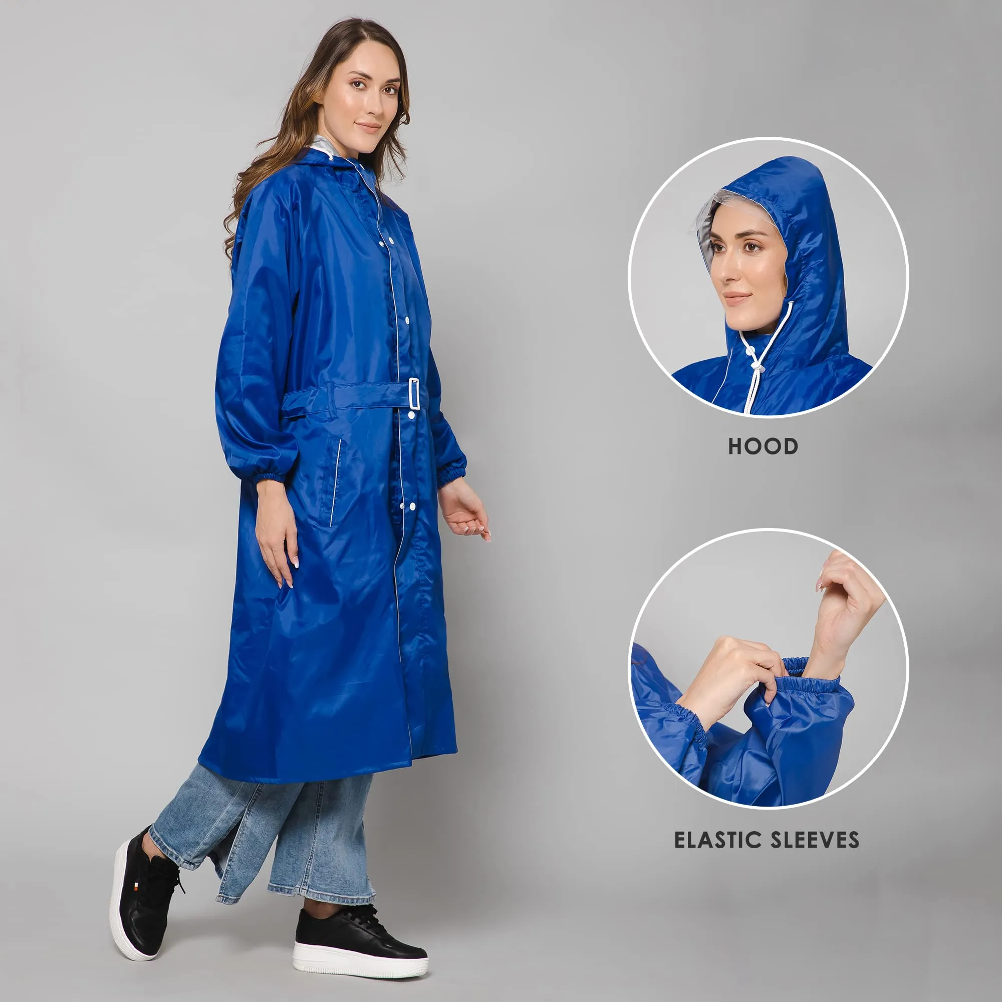 THE CLOWNFISH Polyester Raincoats For Women Raincoat For Ladies Waterproof Reversible Double Layer. Drizzle Diva Series (Royal Blue, Large)