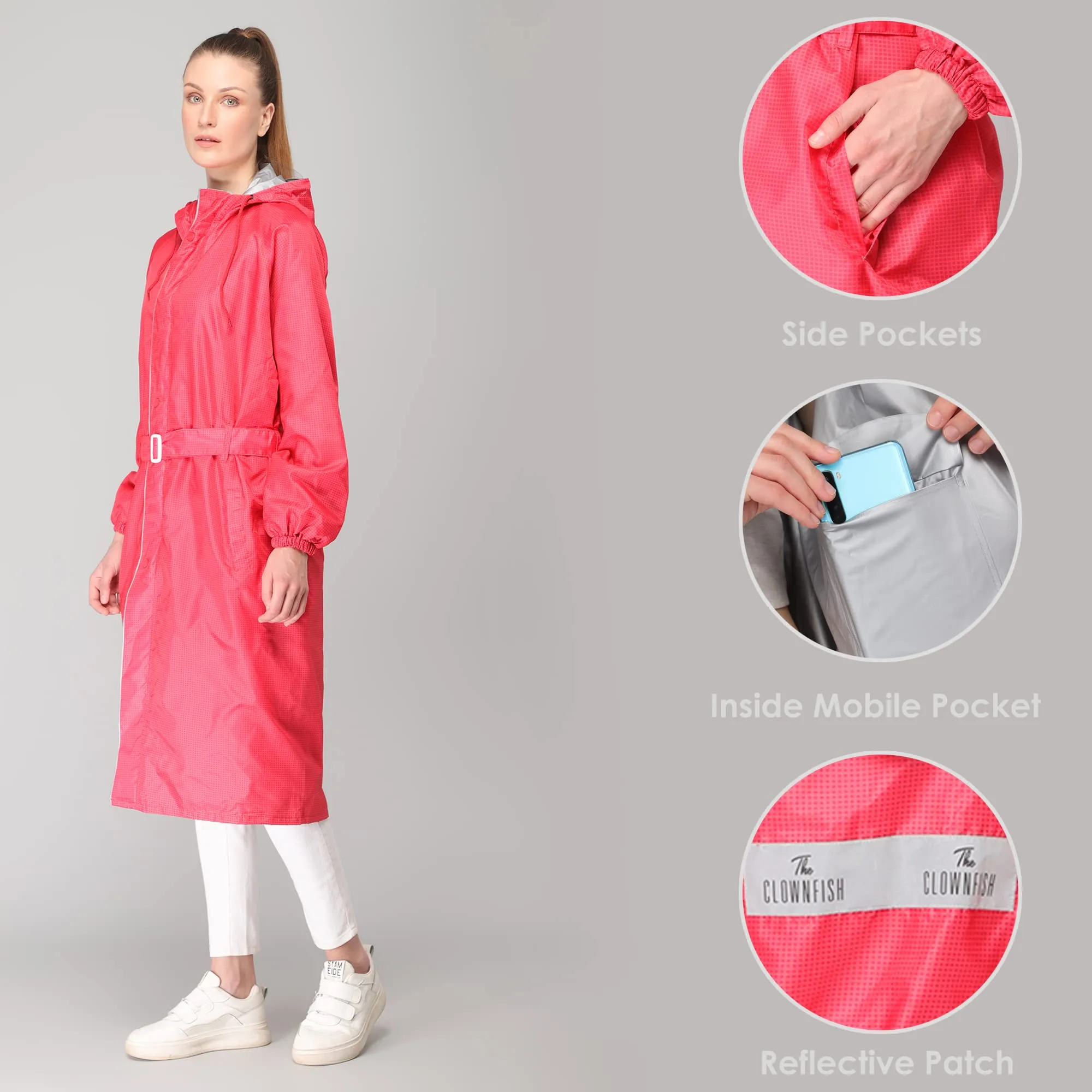 THE CLOWNFISH Polyester Raincoats For Women Waterproof Reversible Double Layer. Brilliant Pro Series (Red, Xx-Large)