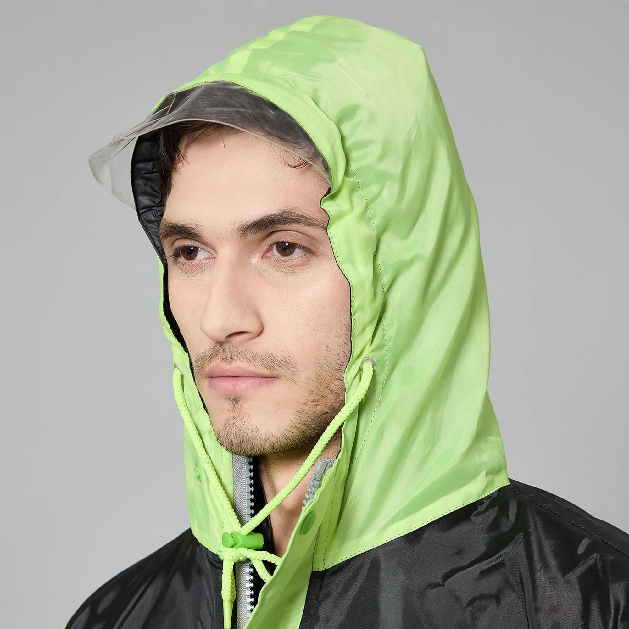 THE CLOWNFISH Raincoats for Men Waterproof Reversible for Bike Double Layer with Hood Rain Coat for Men. Set of Top and Bottom. Color Block Series (Black/Neon, 2XL)