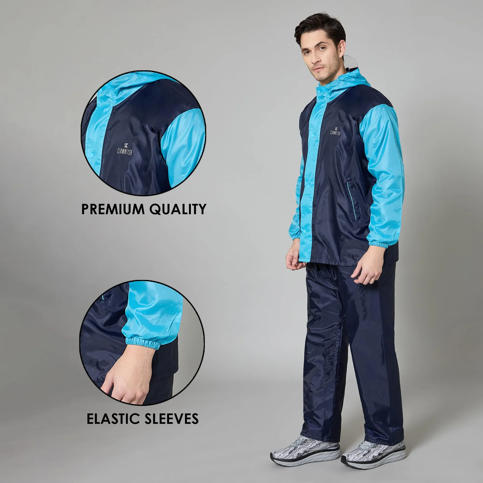 THE CLOWNFISH Raincoats for Men Waterproof Reversible for Bike Double Layer with Hood Rain Coat for Men. Set of Top and Bottom. Color Block Series (Dark Blue/Light Blue, 3XL)