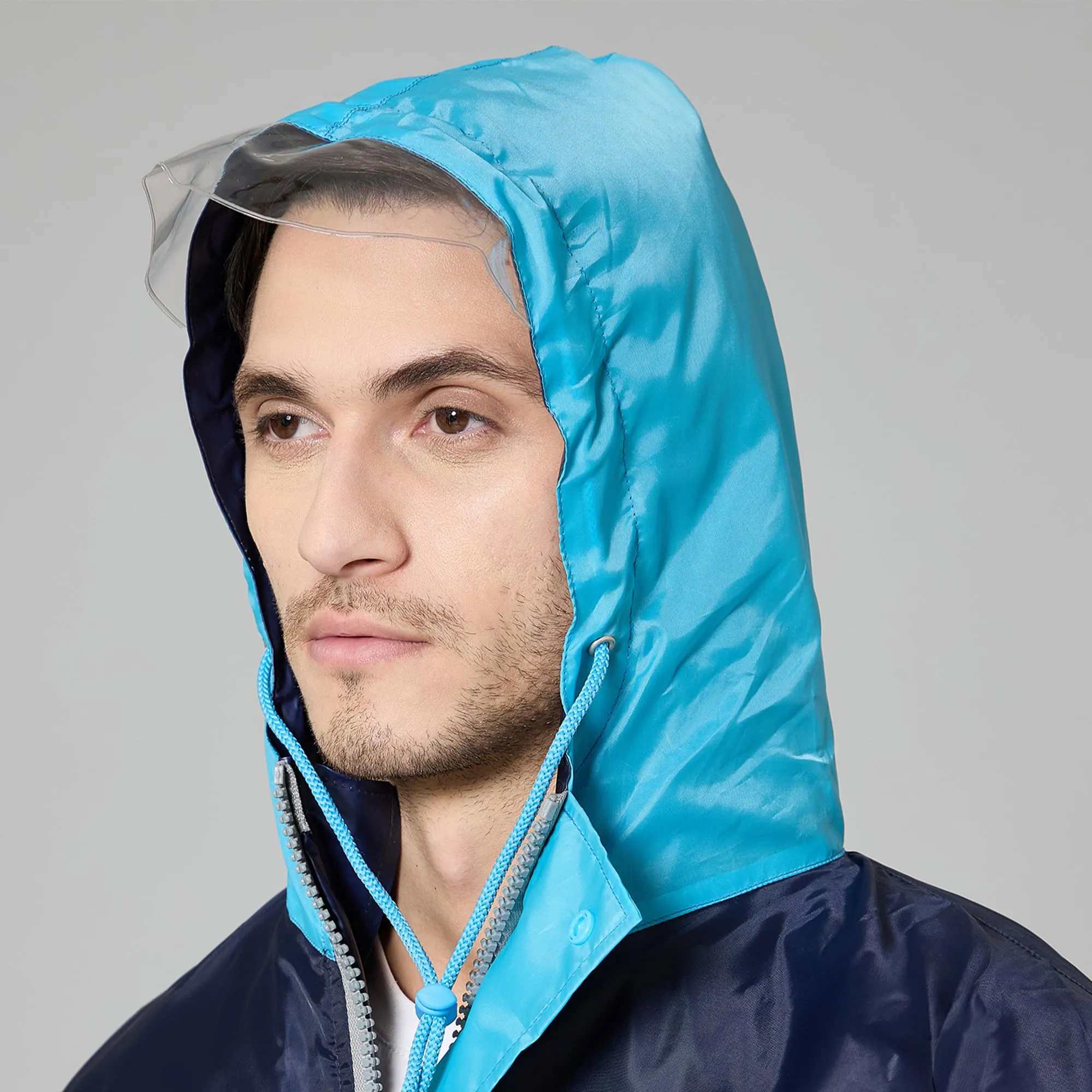 THE CLOWNFISH Raincoats for Men Waterproof Reversible for Bike Double Layer with Hood Rain Coat for Men. Set of Top and Bottom. Color Block Series (Dark Blue/Light Blue, 3XL)