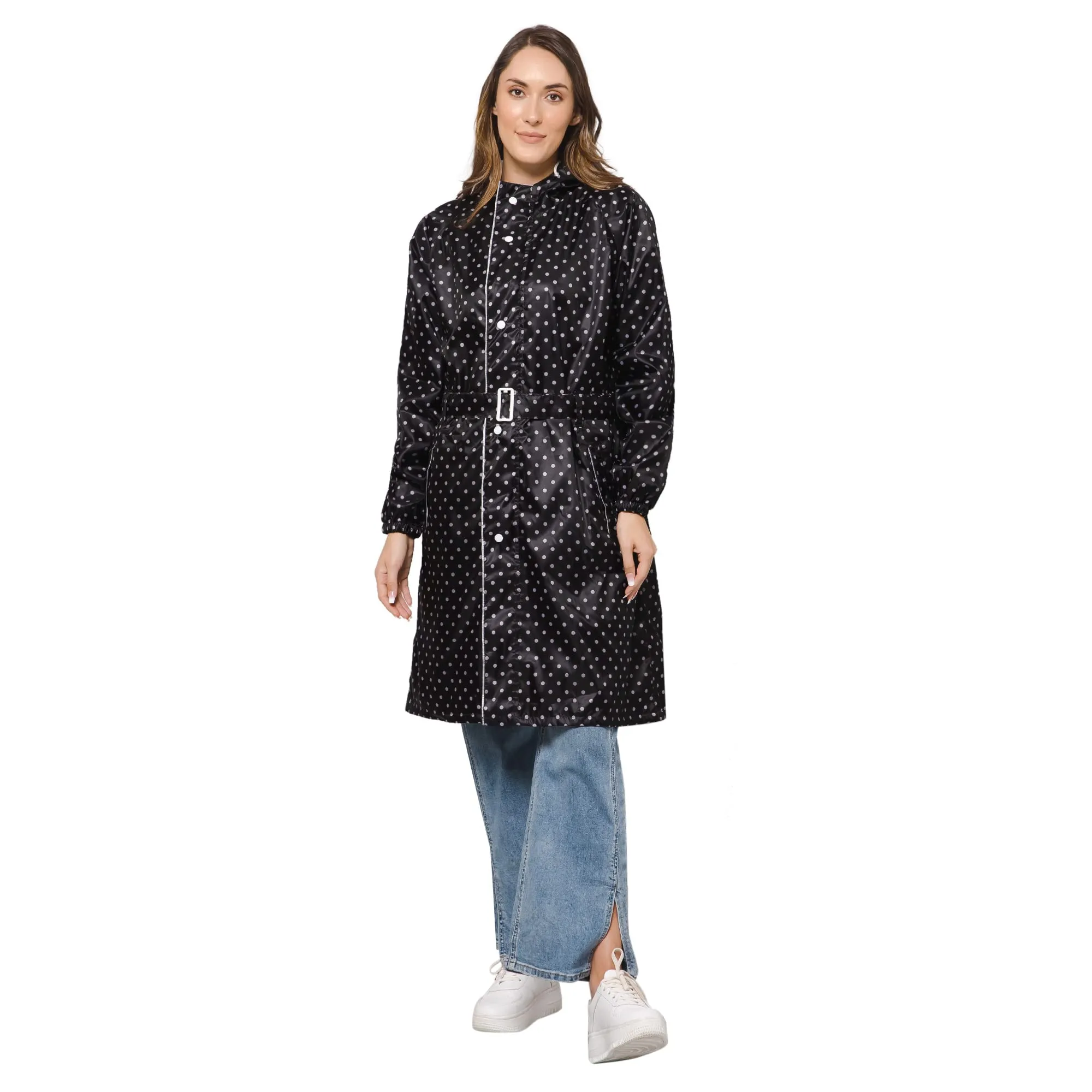 THE CLOWNFISH Raincoats for Women Rain Coat for Women Longcoat Raincoat for Ladies Waterproof Reversible Double Layer. Dotty Delight Series (Black, Large)