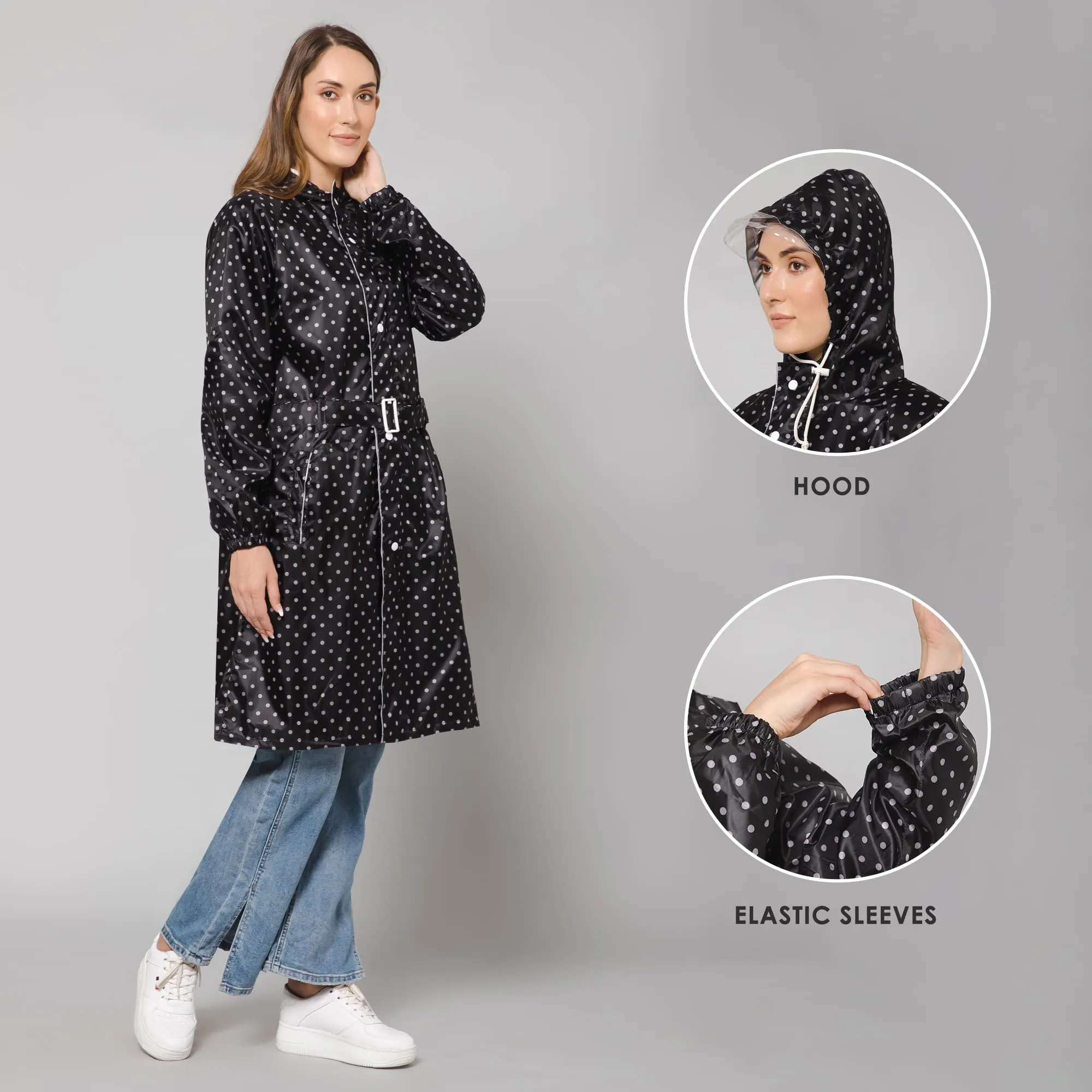 THE CLOWNFISH Raincoats for Women Rain Coat for Women Longcoat Raincoat for Ladies Waterproof Reversible Double Layer. Dotty Delight Series (Black, X-Large)