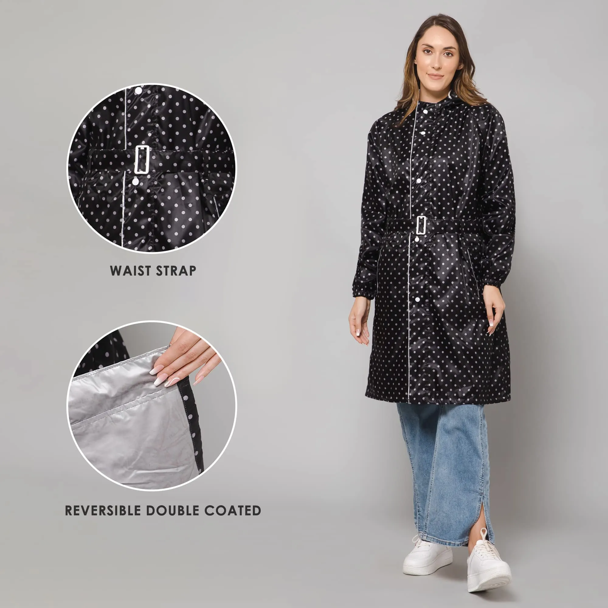 THE CLOWNFISH Raincoats for Women Rain Coat for Women Longcoat Raincoat for Ladies Waterproof Reversible Double Layer. Dotty Delight Series (Black, X-Large)