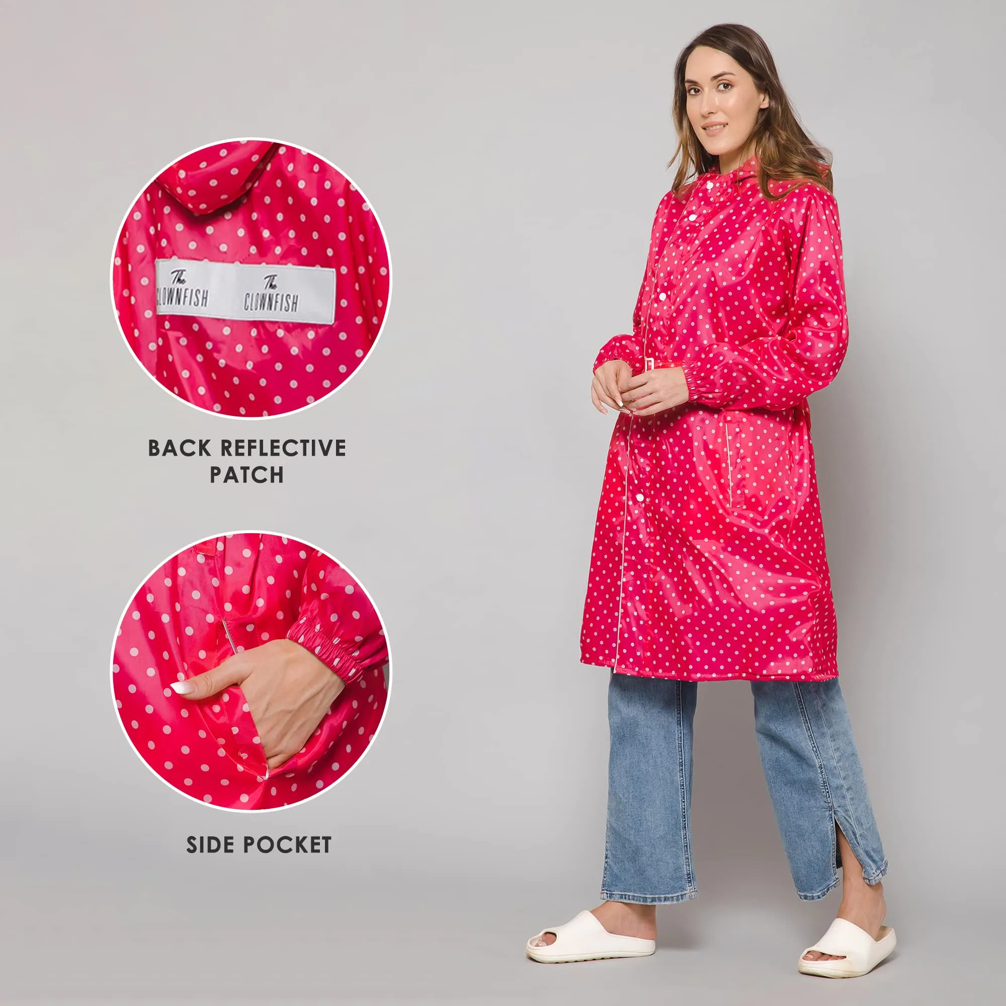 THE CLOWNFISH Raincoats for Women Rain Coat for Women Longcoat Raincoat for Ladies Waterproof Reversible Double Layer. Dotty Delight Series (Dark Pink, X-Large)