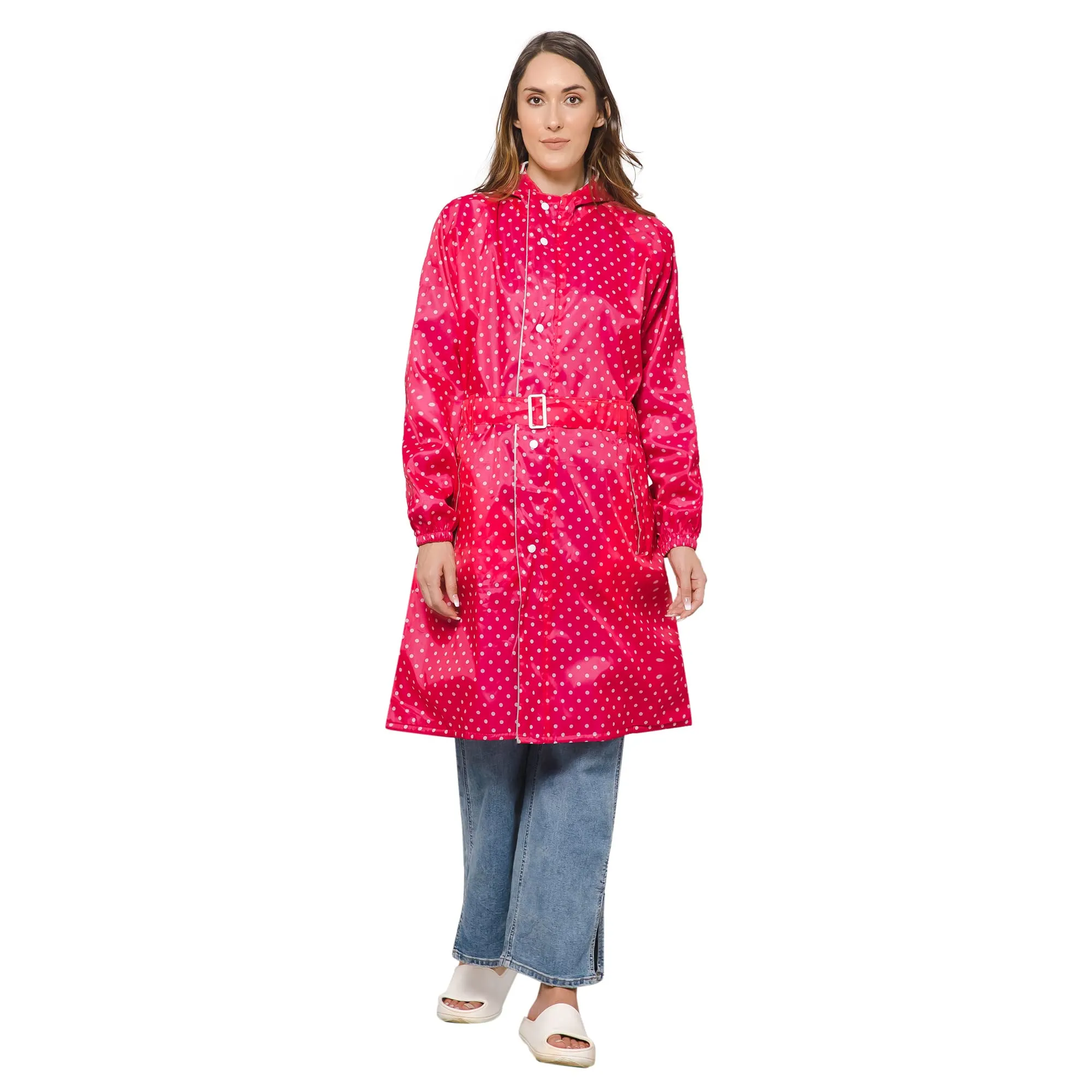 THE CLOWNFISH Raincoats for Women Rain Coat for Women Longcoat Raincoat for Ladies Waterproof Reversible Double Layer. Dotty Delight Series (Dark Pink, X-Large)