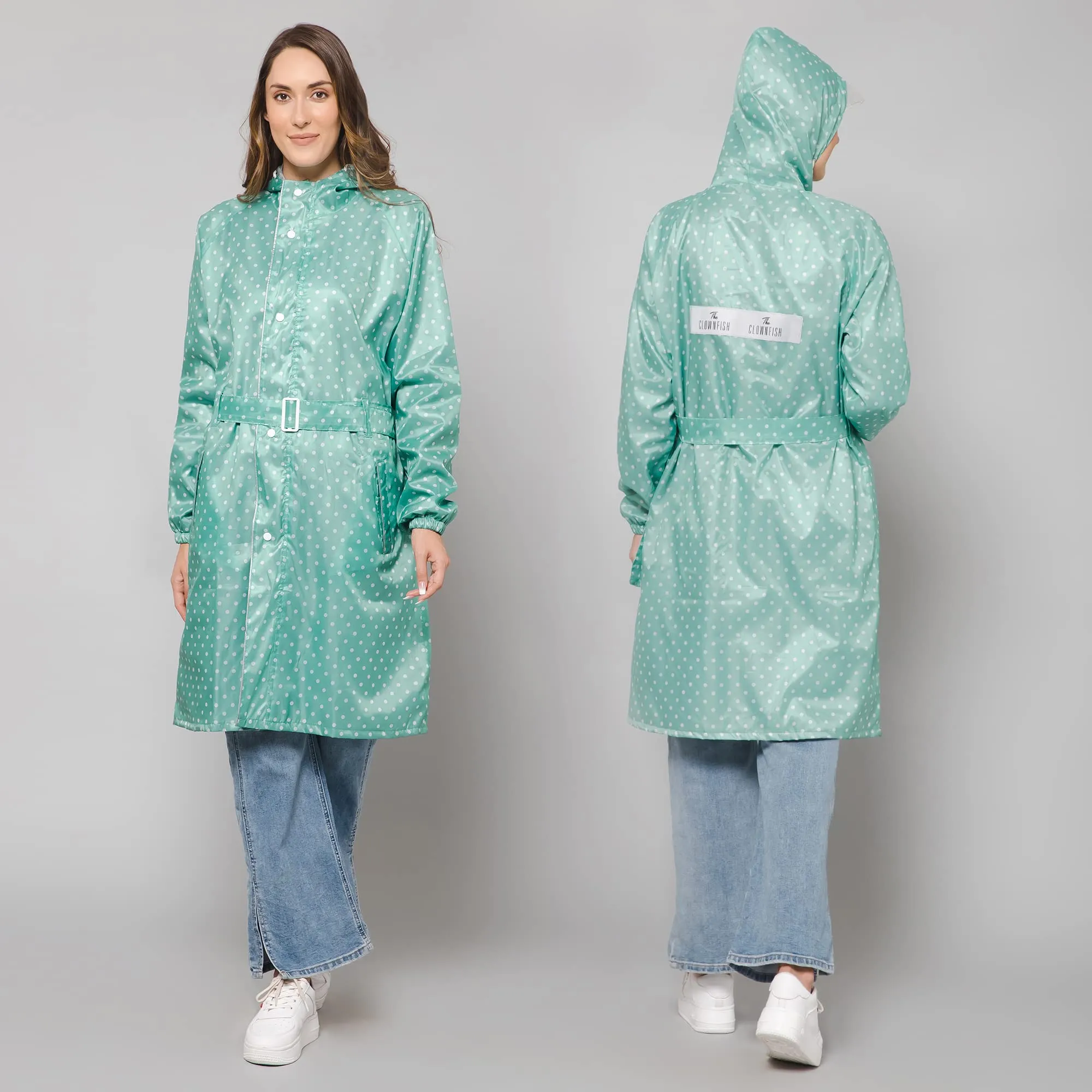 THE CLOWNFISH Raincoats for Women Rain Coat for Women Longcoat Raincoat for Ladies Waterproof Reversible Double Layer. Dotty Delight Series (Green, XXXX-Large)