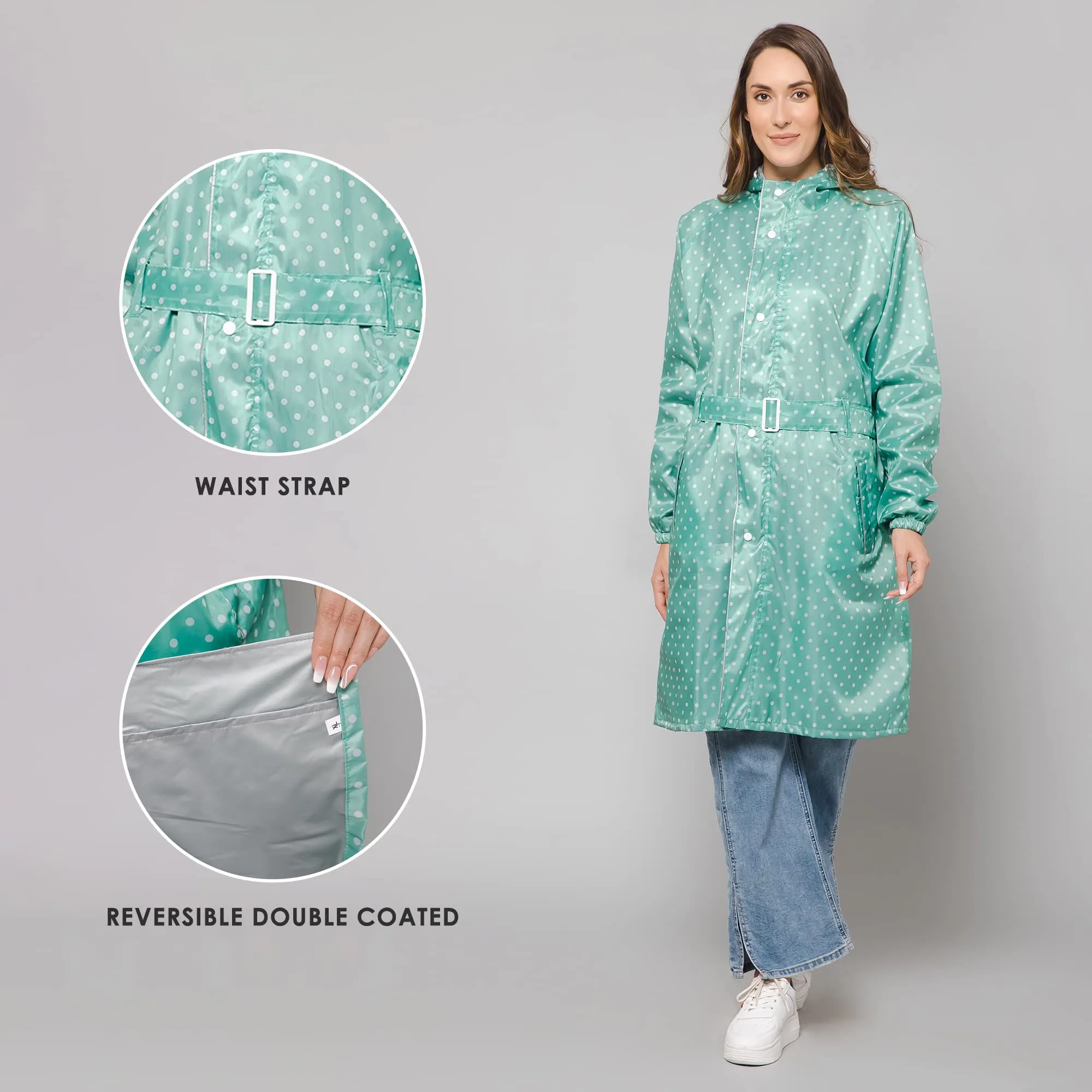 THE CLOWNFISH Raincoats for Women Rain Coat for Women Longcoat Raincoat for Ladies Waterproof Reversible Double Layer. Dotty Delight Series (Green, XXXX-Large)