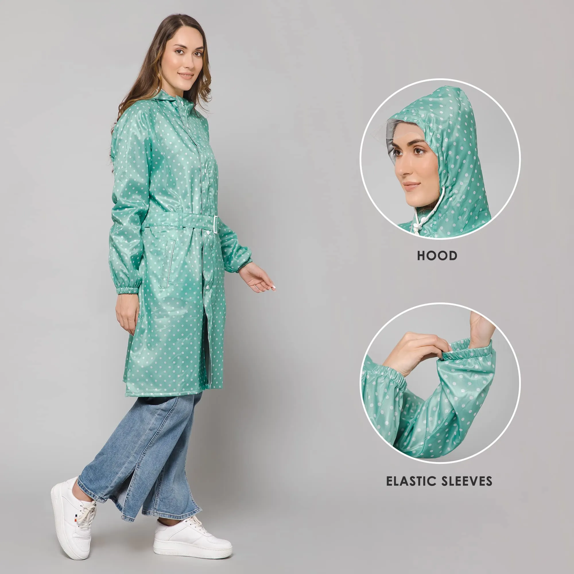 THE CLOWNFISH Raincoats for Women Rain Coat for Women Longcoat Raincoat for Ladies Waterproof Reversible Double Layer. Dotty Delight Series (Green, XXXX-Large)