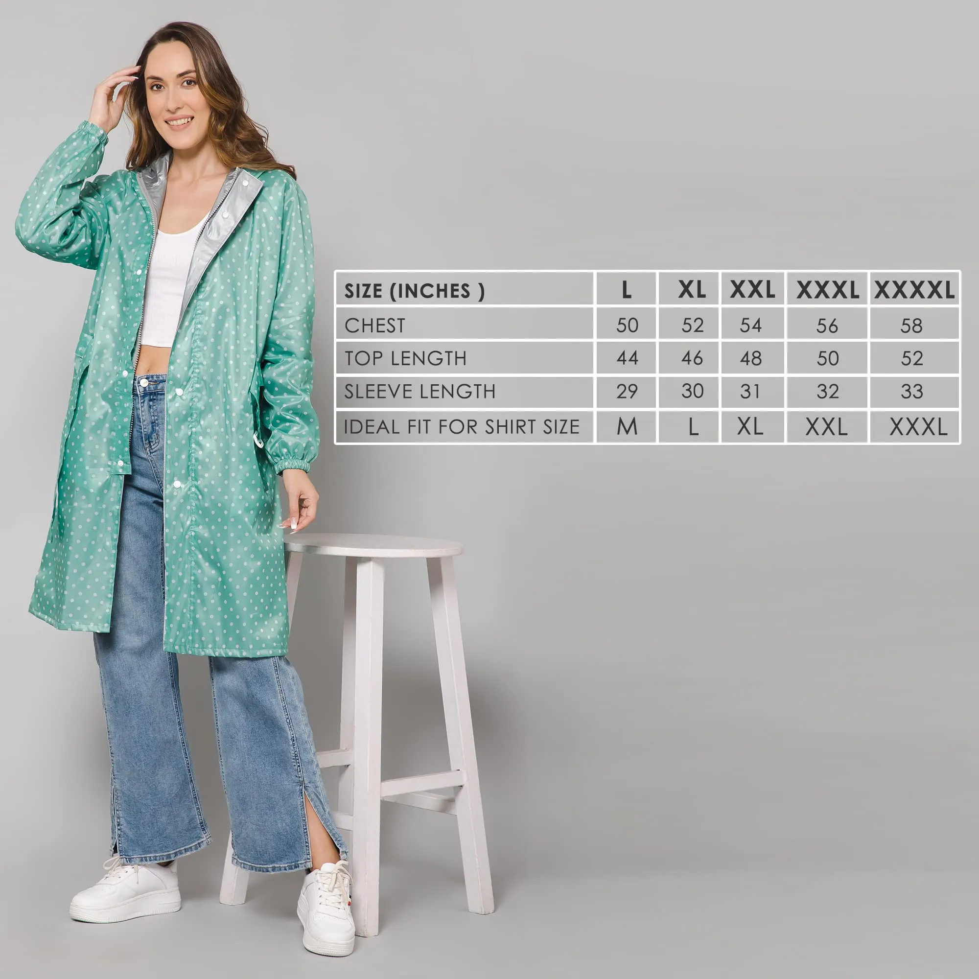 THE CLOWNFISH Raincoats for Women Rain Coat for Women Longcoat Raincoat for Ladies Waterproof Reversible Double Layer. Dotty Delight Series (Green, XXXX-Large)