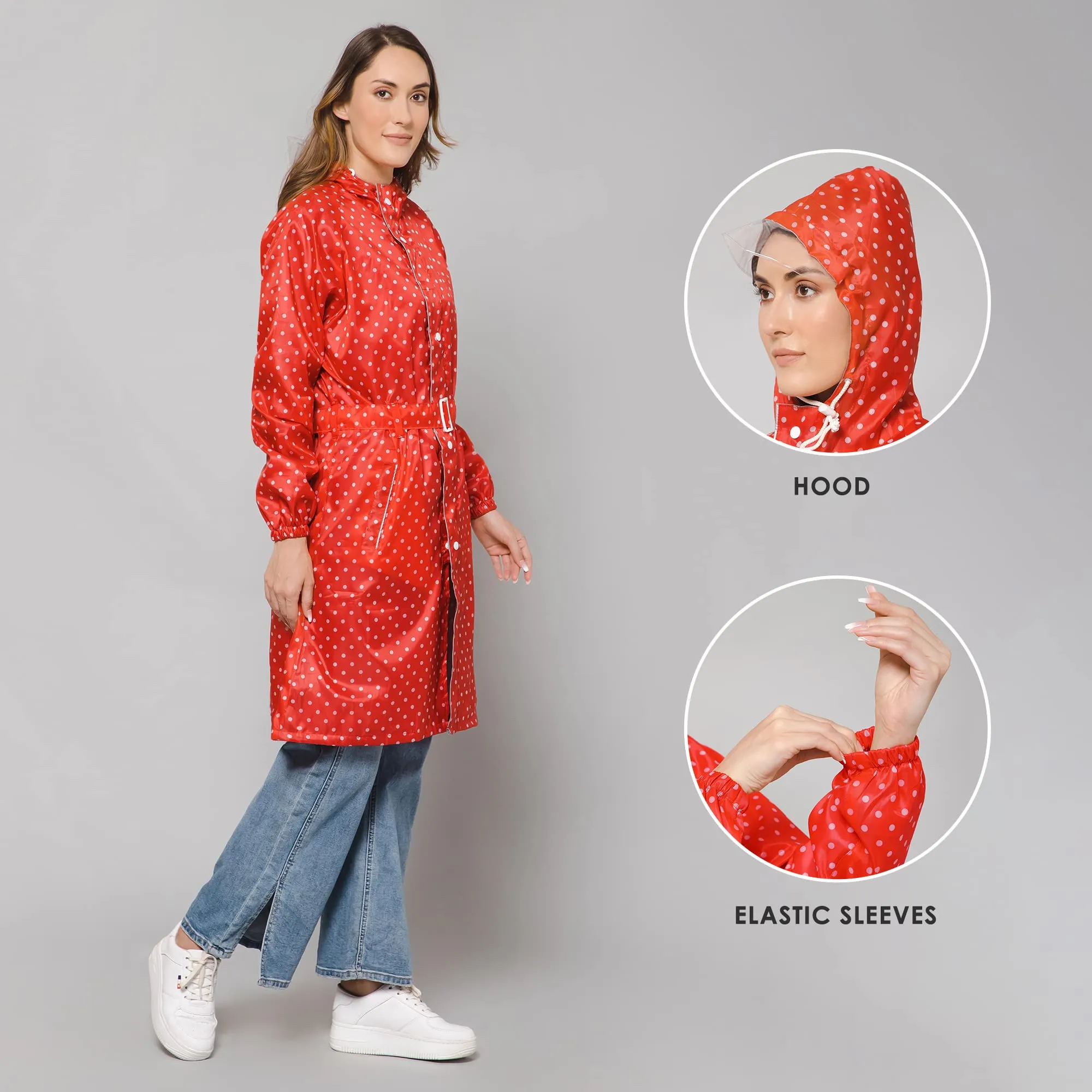 THE CLOWNFISH Raincoats for Women Rain Coat for Women Longcoat Raincoat for Ladies Waterproof Reversible Double Layer. Dotty Delight Series (Red, XX-Large)