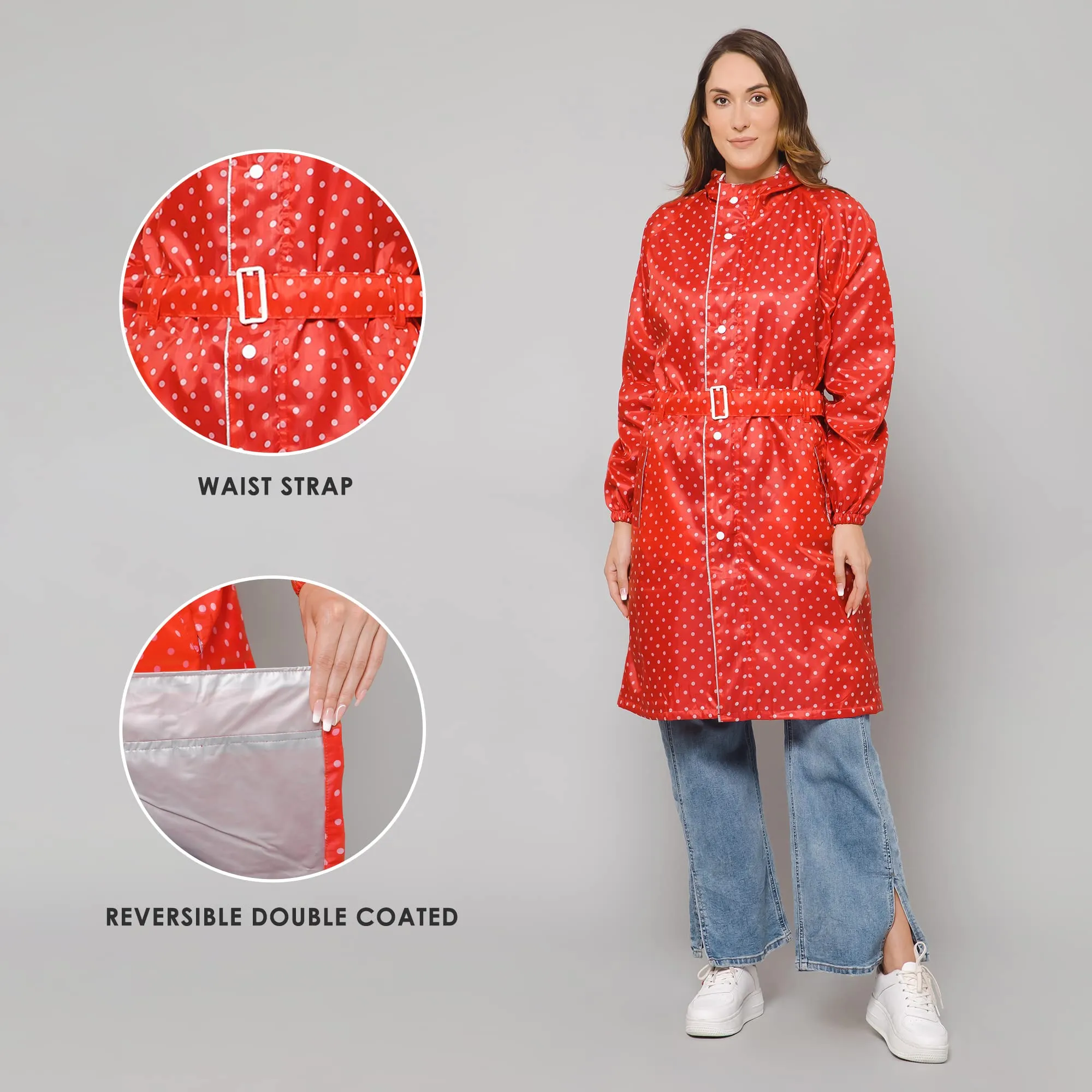 THE CLOWNFISH Raincoats for Women Rain Coat for Women Longcoat Raincoat for Ladies Waterproof Reversible Double Layer. Dotty Delight Series (Red, XX-Large)