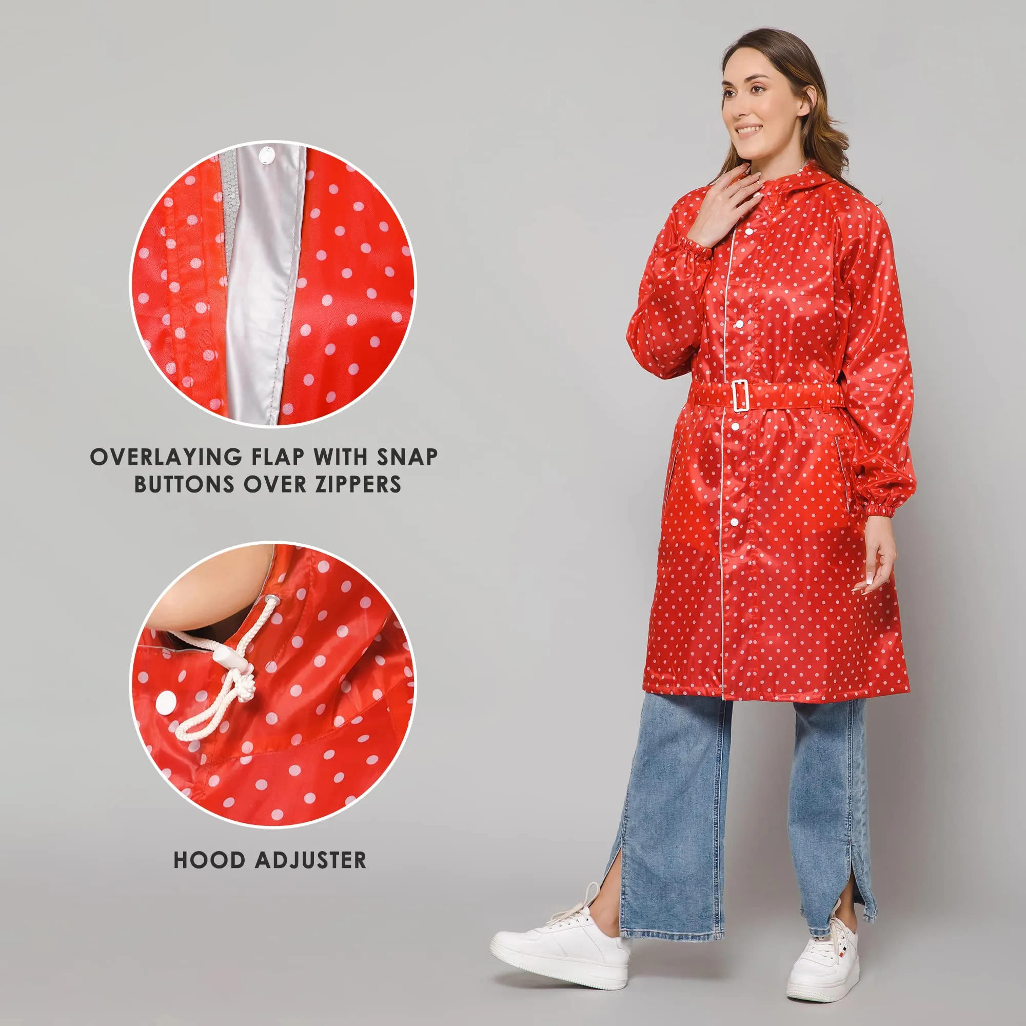 THE CLOWNFISH Raincoats for Women Rain Coat for Women Longcoat Raincoat for Ladies Waterproof Reversible Double Layer. Dotty Delight Series (Red, XX-Large)