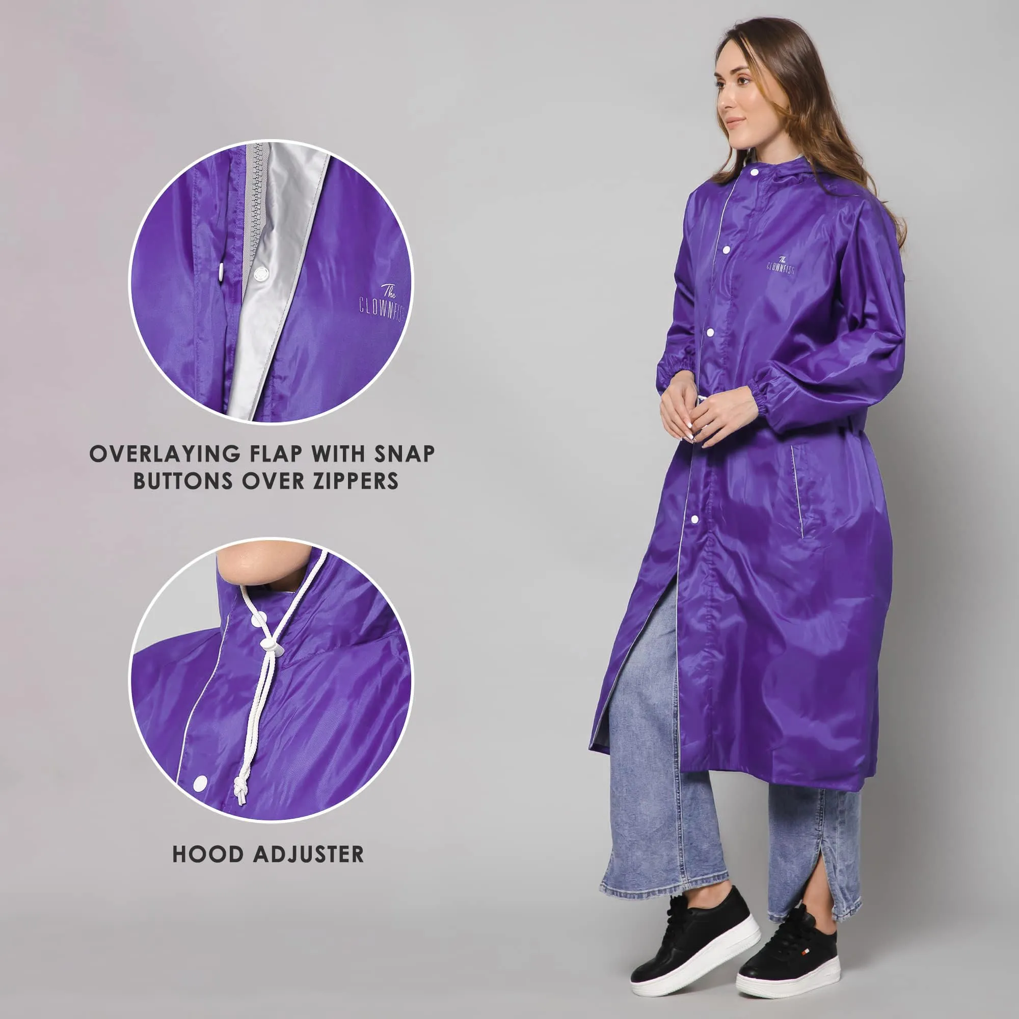 THE CLOWNFISH Raincoats for Women Rain Coat for Women Raincoat for Ladies Waterproof Reversible Double Layer. Drizzle Diva Series (Purple, X-Large)