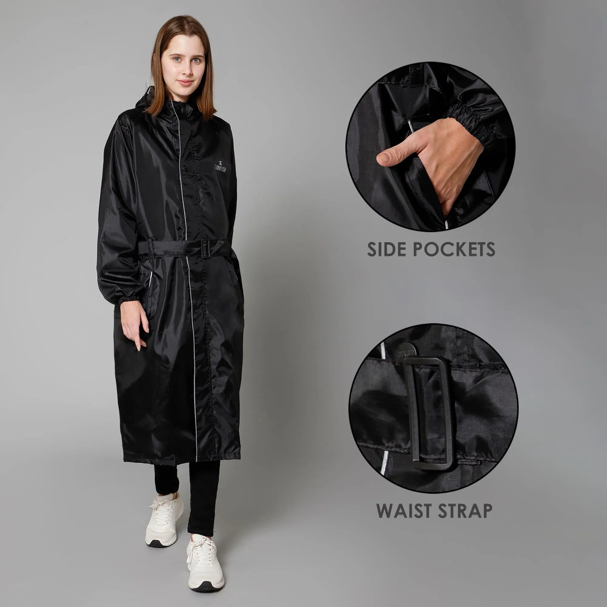 THE CLOWNFISH Raincoats for Women Raincoat for Ladies Waterproof Reversible Double Layer. Drizzle Diva Series (Black, XX-Large)