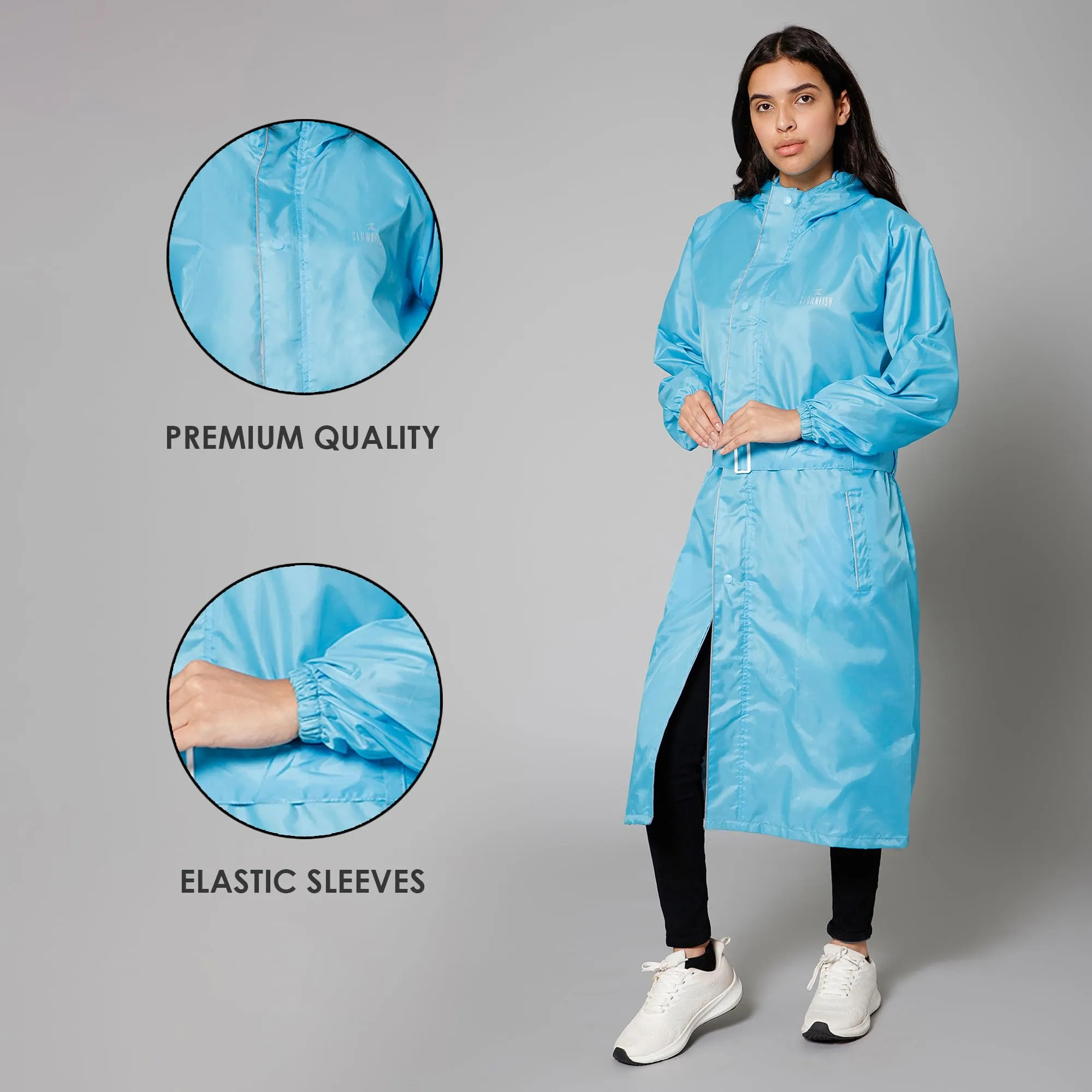 THE CLOWNFISH Raincoats for Women Raincoat for Ladies Waterproof Reversible Double Layer. Drizzle Diva Series (Turquiose Blue, XX-Large)