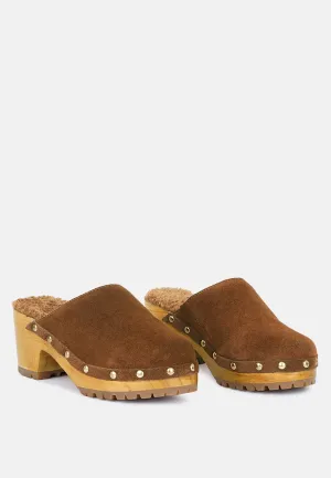 TULLEY Suede Clogs Mules in Tan