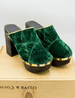 Vintage 70s NOS Green Velvet Platform Clogs Size 7.5