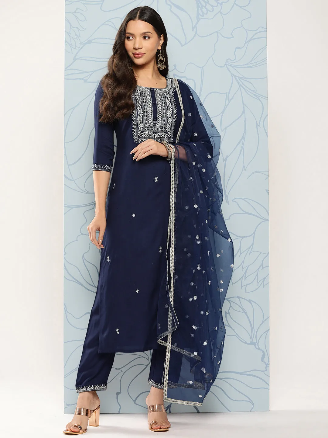 Women Navy Blue Embroidered Straight Kurta With Palazzo And Dupatta