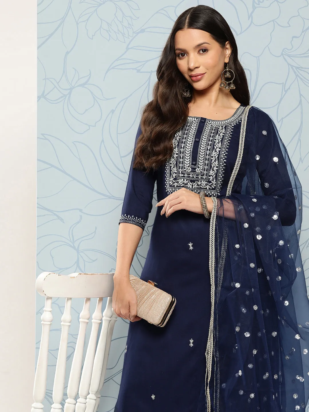 Women Navy Blue Embroidered Straight Kurta With Palazzo And Dupatta