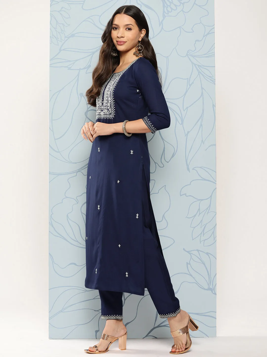 Women Navy Blue Embroidered Straight Kurta With Palazzo And Dupatta