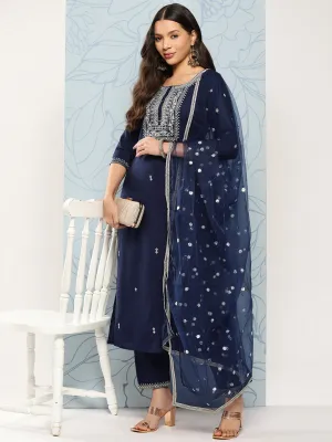 Women Navy Blue Embroidered Straight Kurta With Palazzo And Dupatta