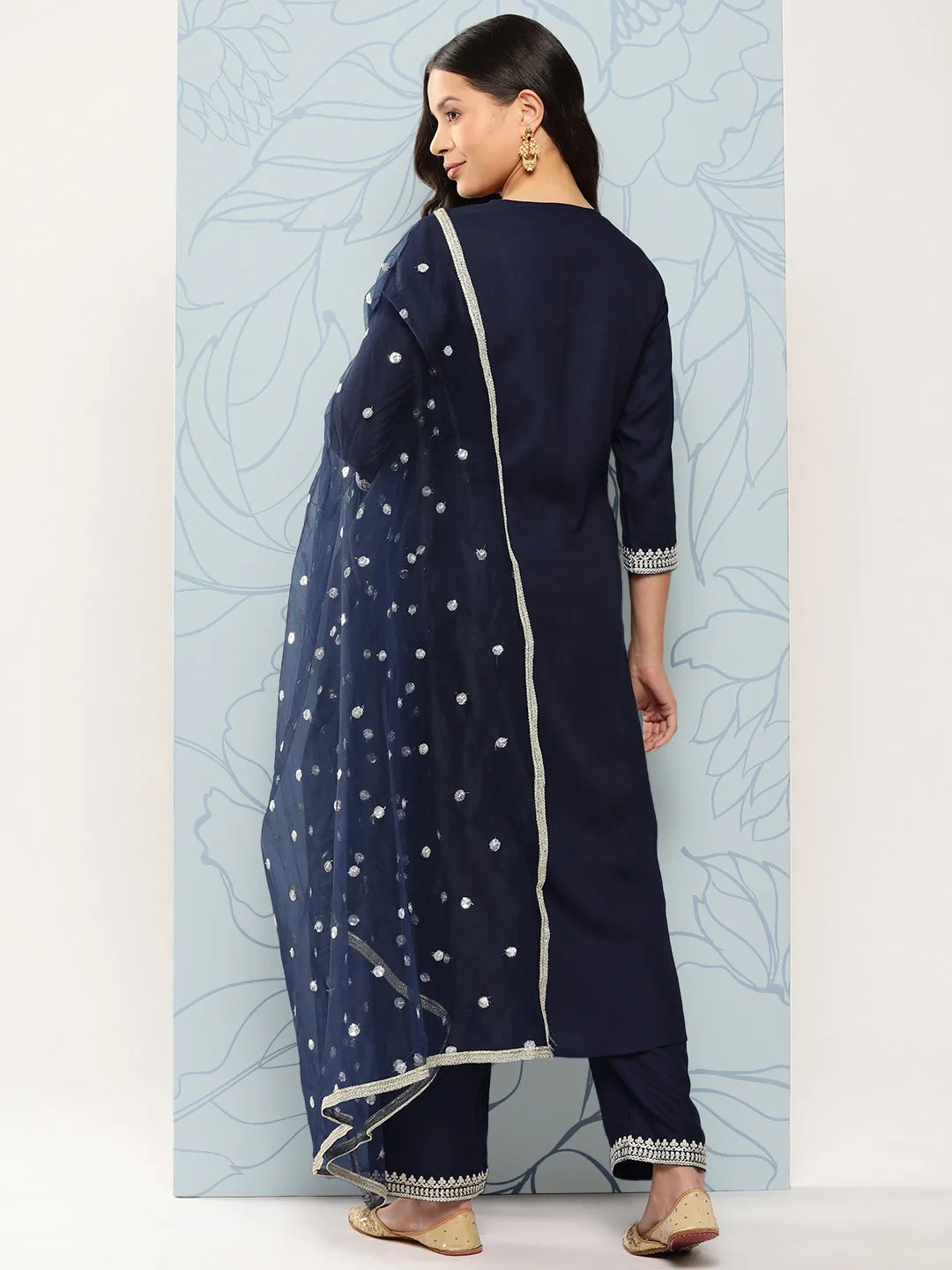 Women Navy Blue Embroidered Straight Kurta With Palazzo And Dupatta